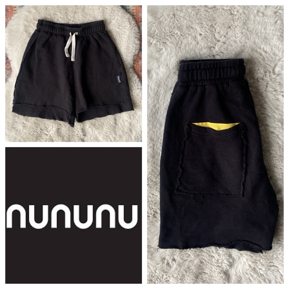 Nununu black sweat short yellow ruler accent grunge minimalist unisex boys 6/7